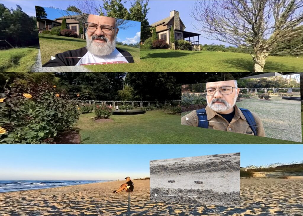A screenshot of a white man with short grey hair and a beard in three outdoor locations with self portraits inlaid. 